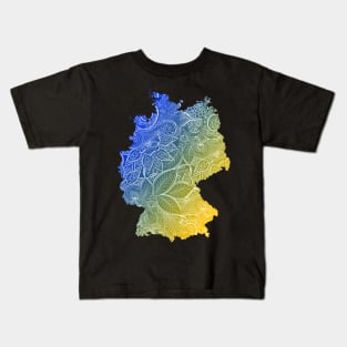 Colorful mandala art map of Germany with text in blue and yellow Kids T-Shirt